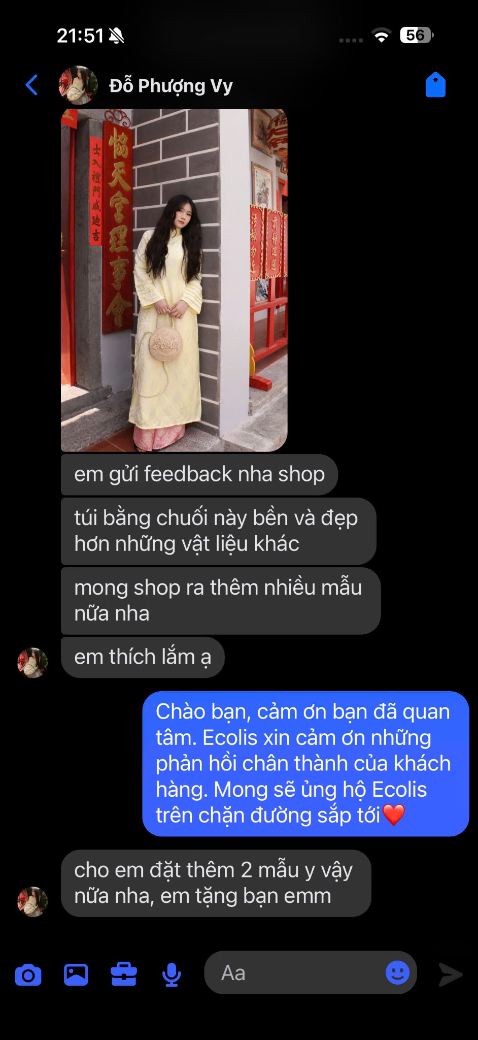 Feedback Mai Võ — tin nhắn đánh giá BanaBag với áo dài